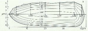 fig6-21TN.gif Example of 3D Gradient index (variation in the index of refraction) which works with curved surfaces to form a useful image 300x106